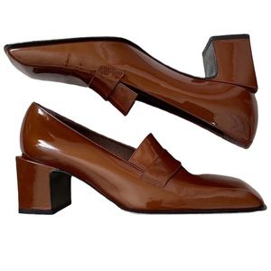 Bally patent leather burnt orange terracotta square toe high heel loafer